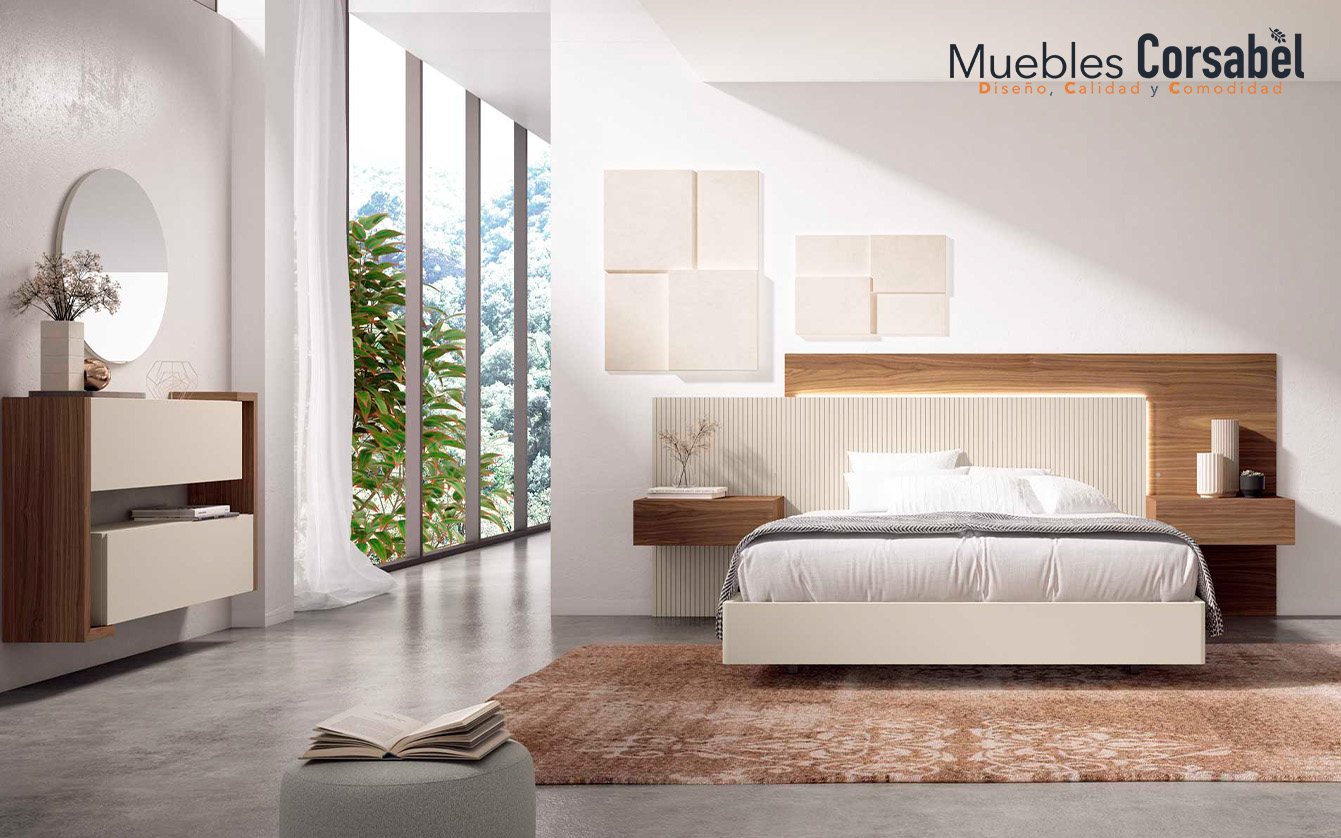 Dormitorio “Armonía Natural” – Madera cálida y diseño suspendido