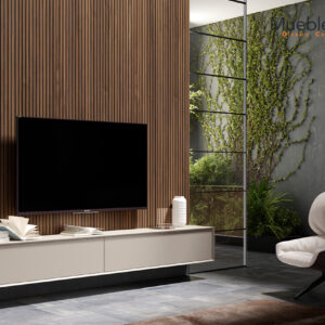 Mueble de Televisión Suspendido Minimalista: Tono Cálido y Diseño Integrado