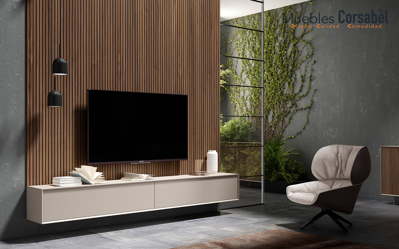 Mueble de Televisión Suspendido Minimalista: Tono Cálido y Diseño Integrado