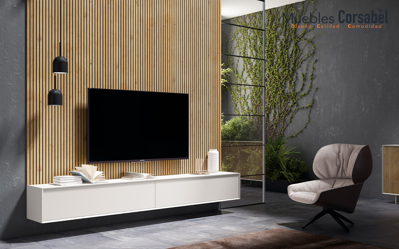 Mueble de Televisión Suspendido Minimalista: Luminosidad y Organización
