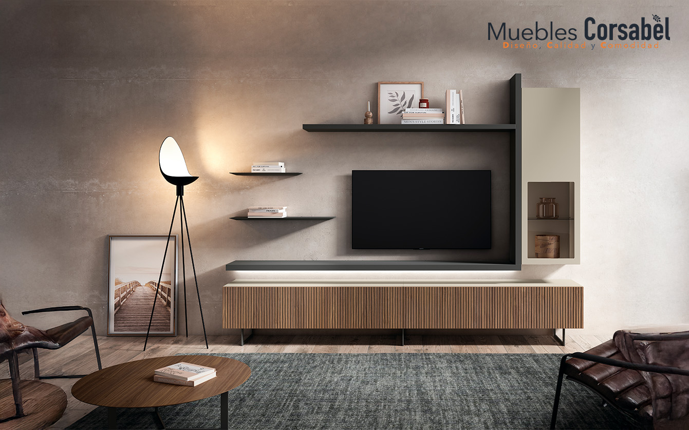 Composición Modular de Salón: Juego de Volúmenes y Texturas Naturales