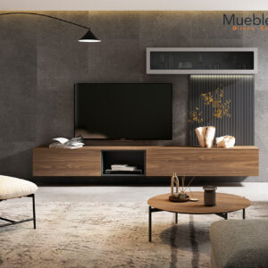 Composición de Salón Modulable: Elegancia en Madera de Nogal y Contraste