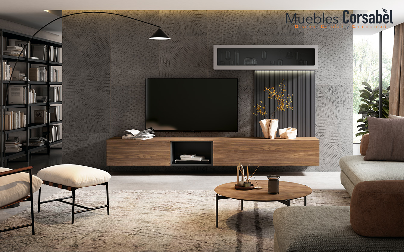 Composición de Salón Modulable: Elegancia en Madera de Nogal y Contraste