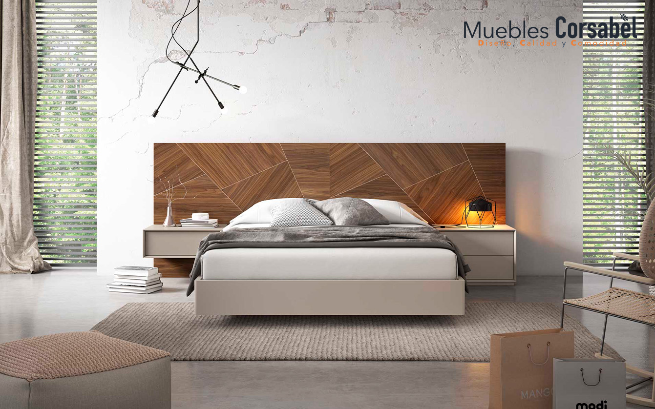 Dormitorio Matrimonio Elegante: Cabecero Geométrico y Diseño Flotante
